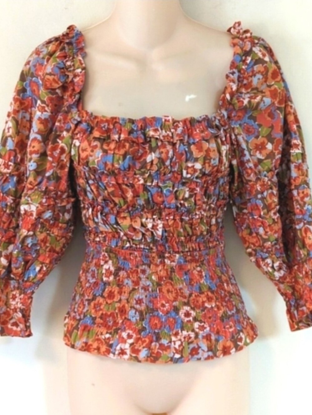 Smocked Floral Puff-Sleeve Blouse - Red Floral M